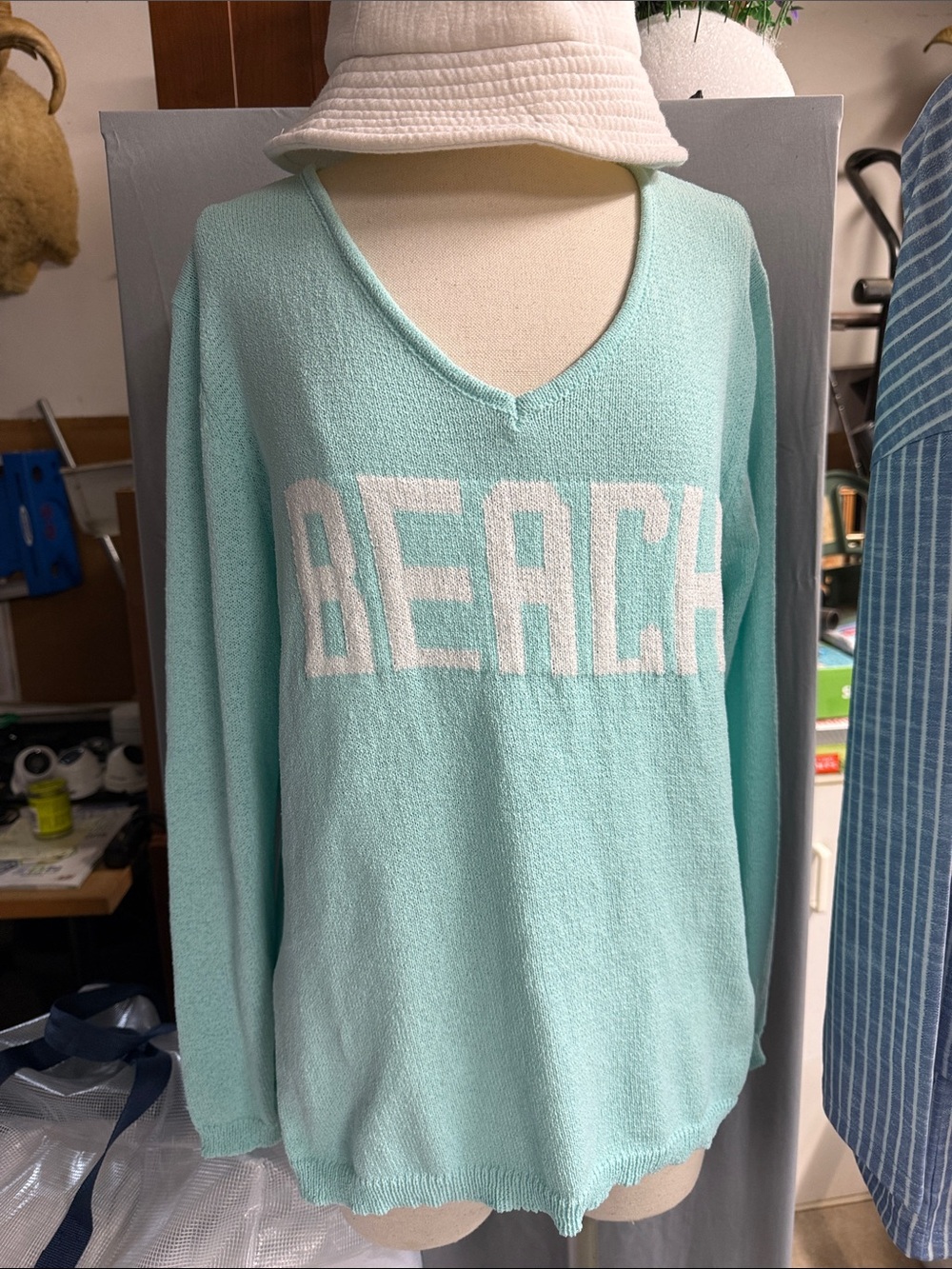 Amazon Light Teal V-Neck Sweater with White "BEACH" Lettering